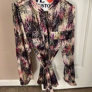 Women’s JOY JOY Ikat Printed Satin Blouse With Tie Belt. LIKE NEW- WORN ONCE.